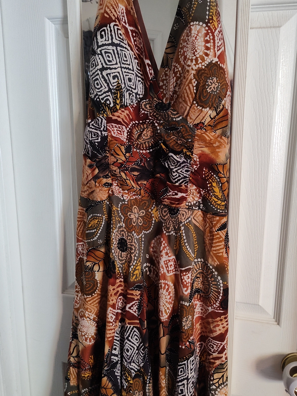 R&K One-Shoulder Boho Print Dress in Brown, Rust and Mustard